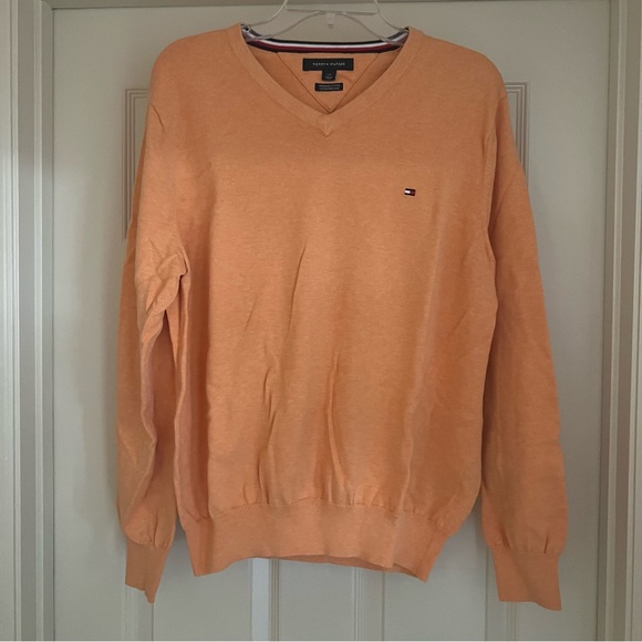 NWOT TOMMY HILFIGER Mens Large Orange V Neck Premium Cotton Sweater Logo - Picture 1 of 5
